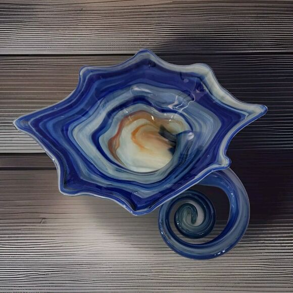 Sooner Bubble Art Glass Blue Free Form Cornucopia Candy Dish Hand Blown USA - Picture 1 of 14